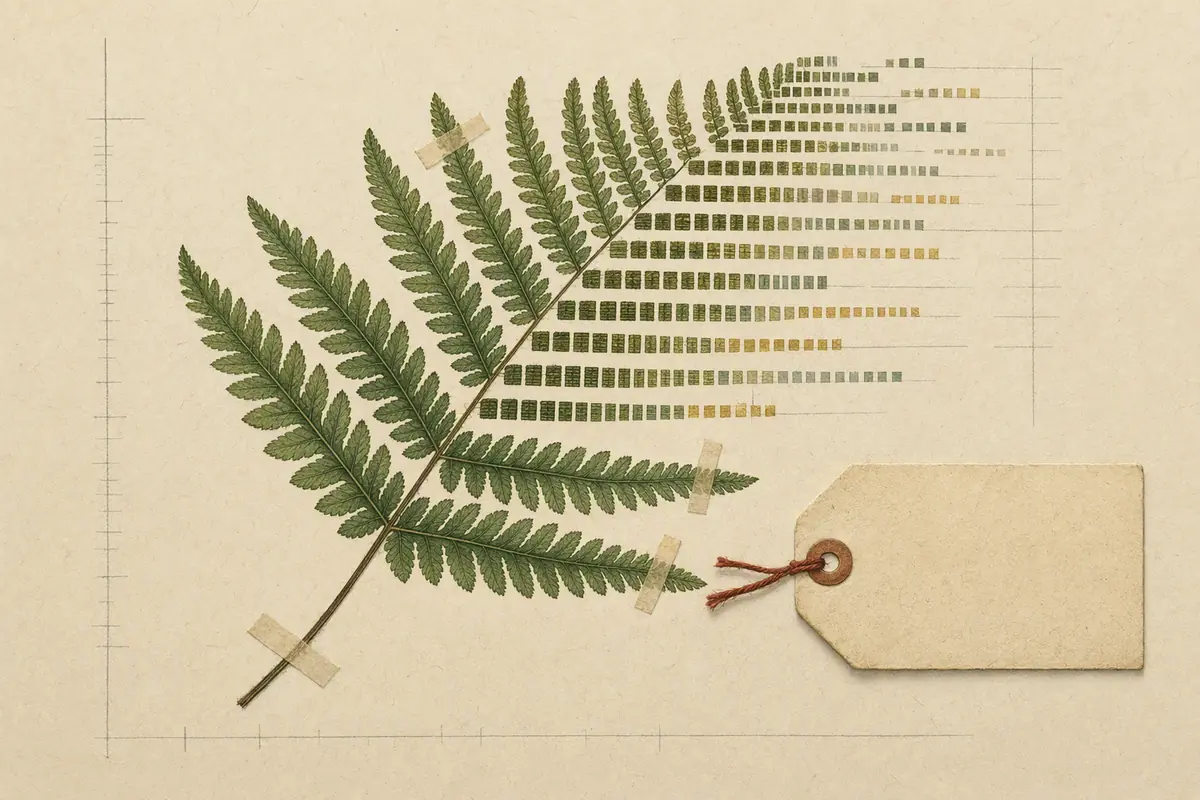 A pressed fern whose fronds become orderly rows of database cells beside a blank accession tag